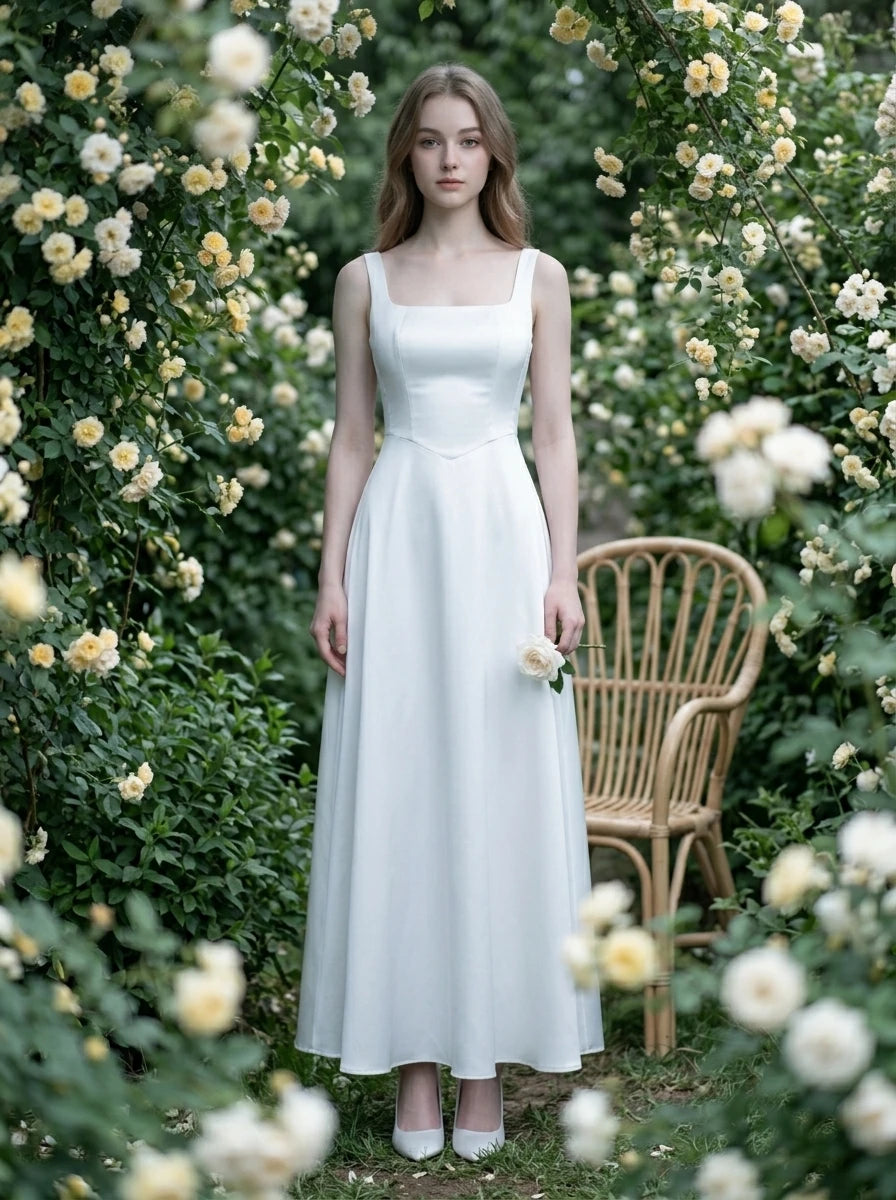 Woman wearing a white satin floor-length dress with a square neckline and tank straps, standing in a garden with yellow roses.