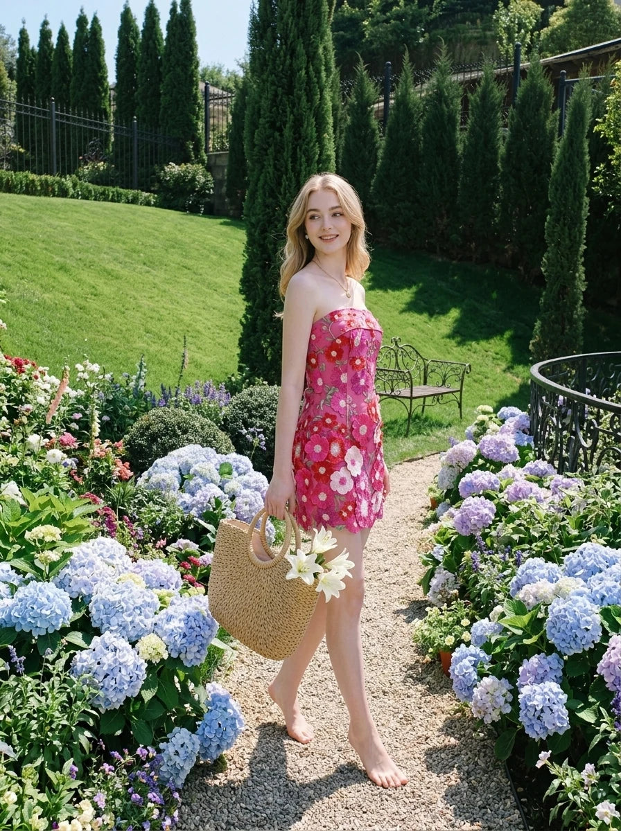 Woman in a strapless pink floral embroidered mini dress walking through a garden with a straw tote bag