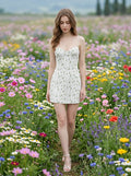 Woman walking through a field of flowers wearing a white floral print mini dress.