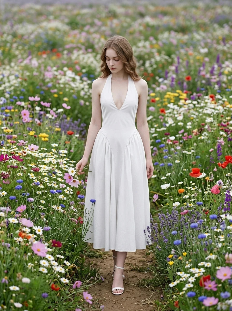 Woman walking through a field of flowers in a white halter neck midi dress.