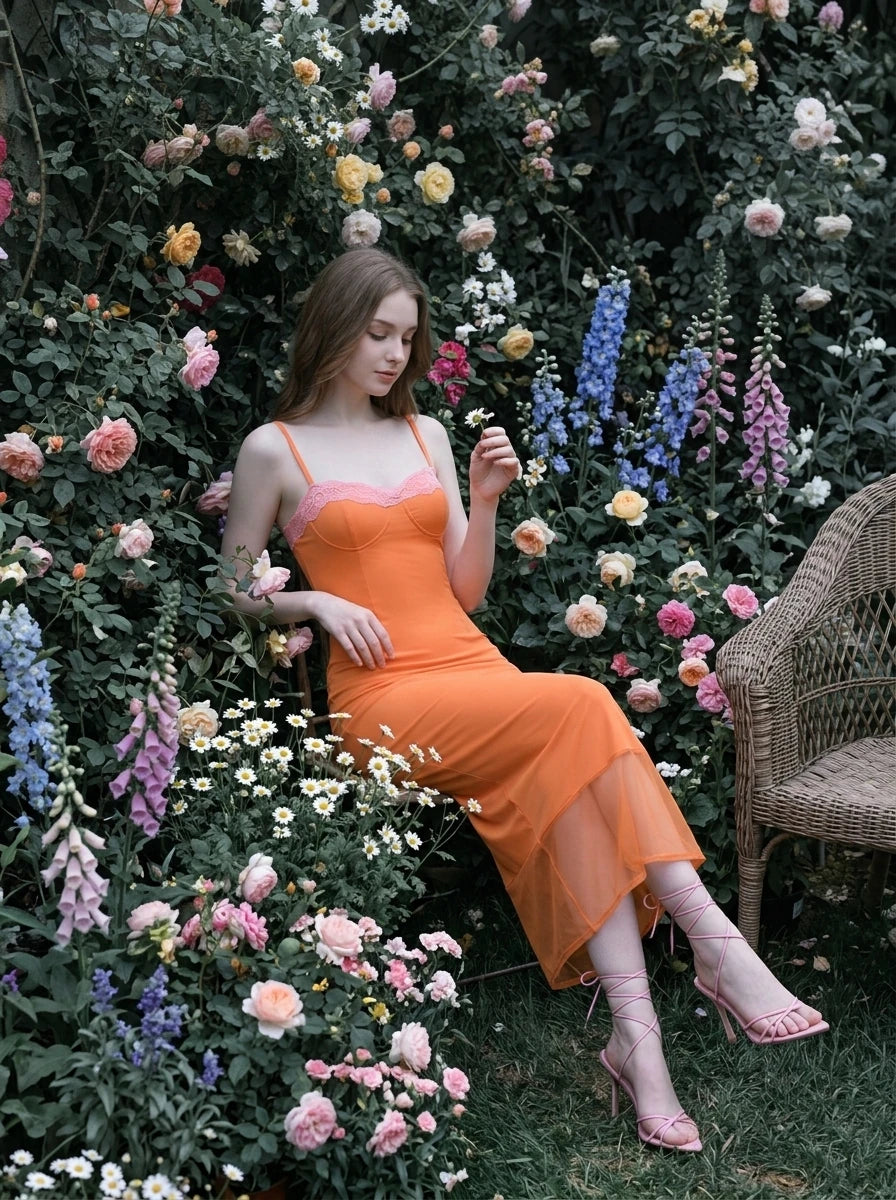 Woman sitting in a garden surrounded by flowers wearing an orange slip dress with pink lace trim.