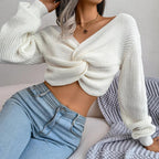 Olive Moss Twist-Front Crop Knit Sweater - View 9 | WEUXS