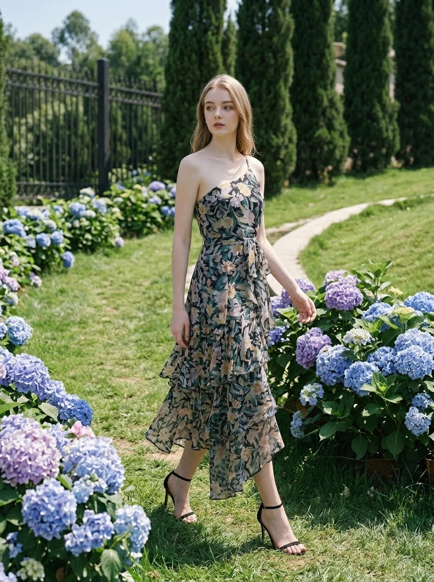 Woman walking in a garden wearing a floral print one-shoulder chiffon dress with a tiered, asymmetrical ruffle skirt.