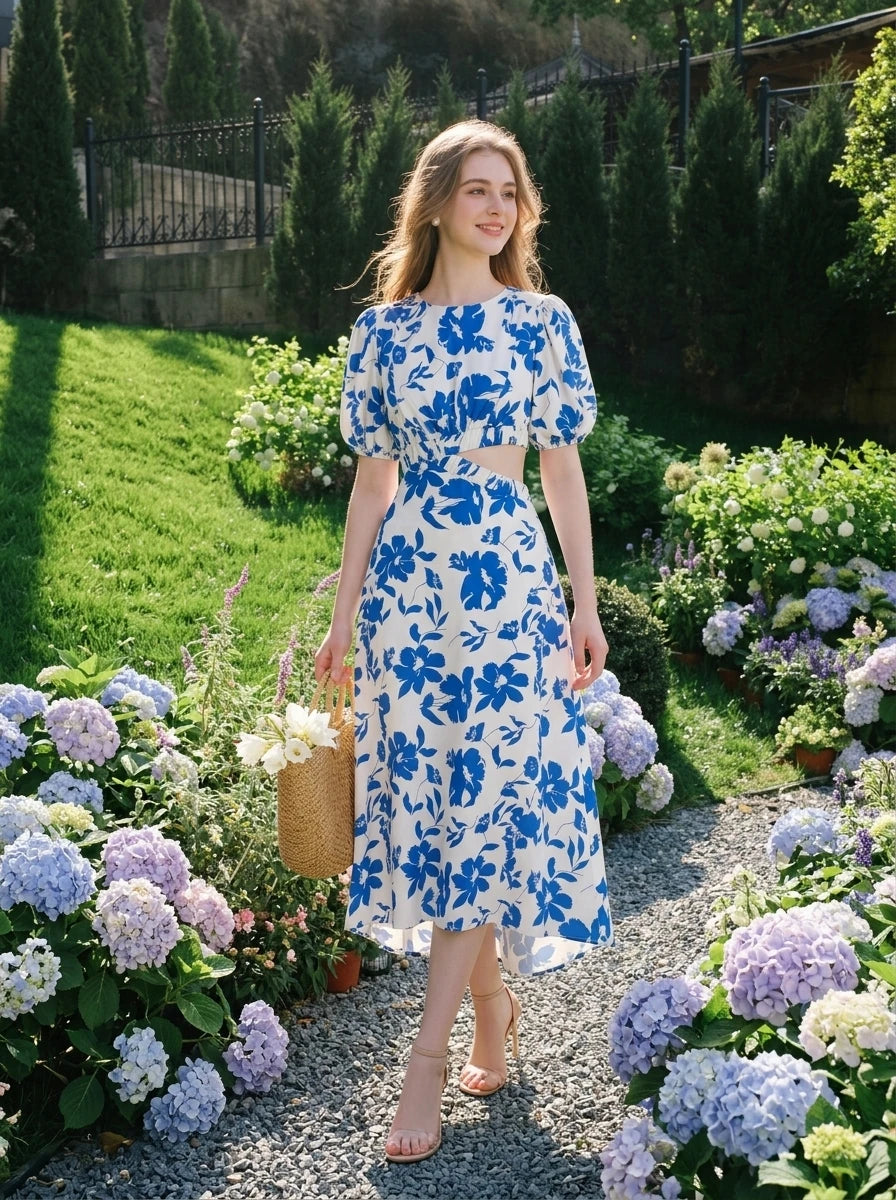 Woman wearing a white and blue floral print midi dress with puff sleeves and a cut-out waist, walking in a garden.
