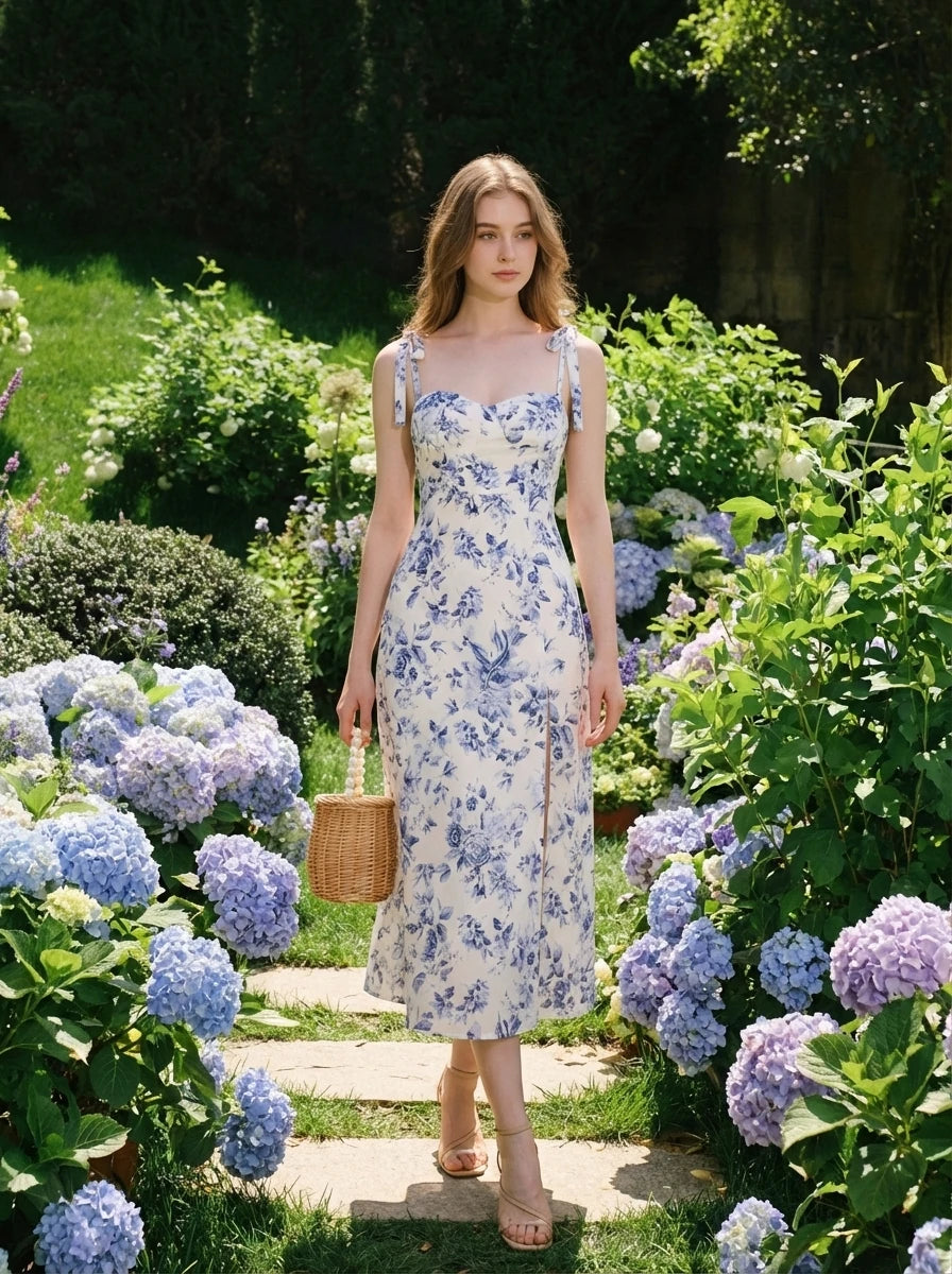 Woman wearing a white midi dress with a blue floral print and tie shoulder straps, walking in a garden with hydrangeas.
