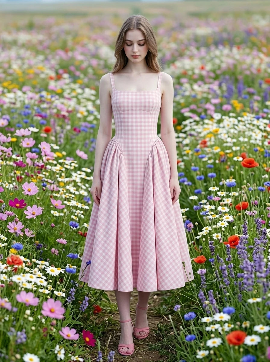 woman in a pink gingham dress walking through a field of wildflowers