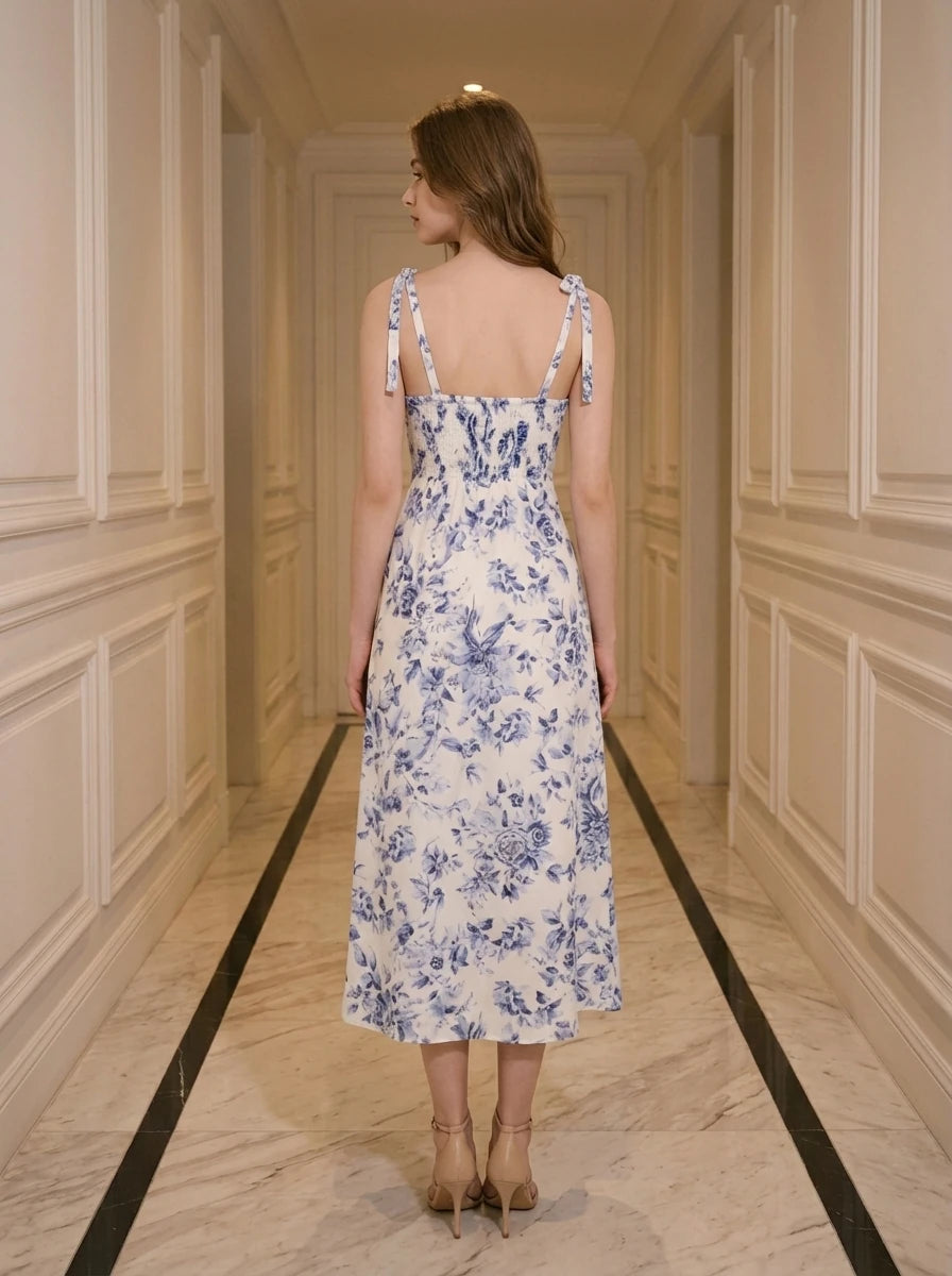 Woman wearing a white midi dress with a blue floral print and tie shoulder straps, standing in a hallway.