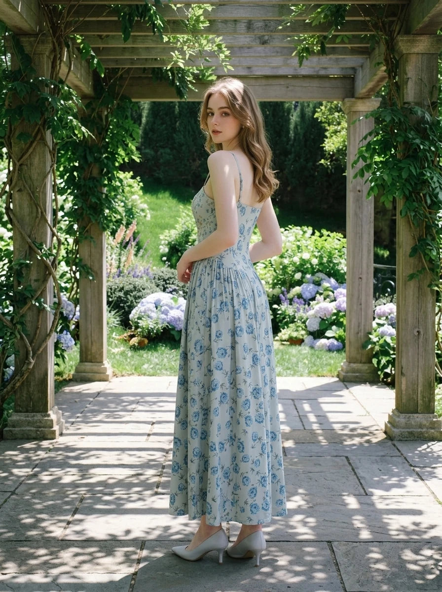 Woman posing in a garden wearing a light blue floral print midi dress