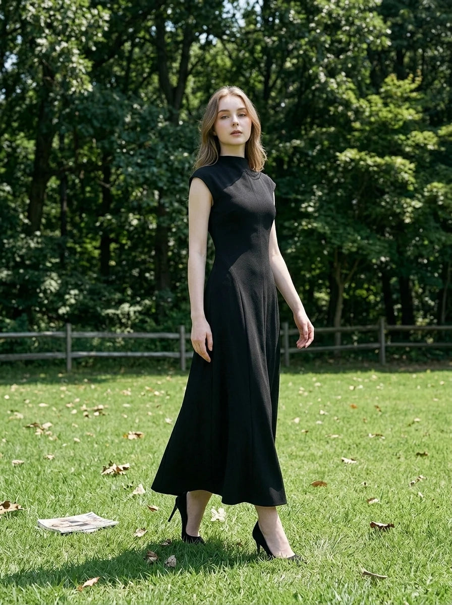 Woman wearing a sleeveless black A-line midi dress standing in a grassy field with trees.
