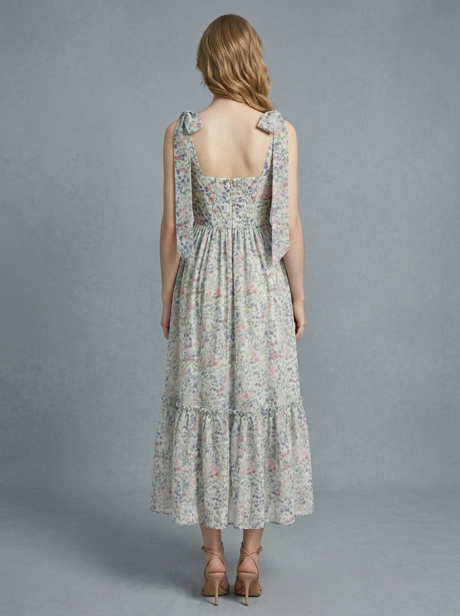 Woman wearing a floral print midi dress with tie shoulder straps and a ruched bodice