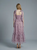 Back view of a floral print A-line dress with tiered hem
