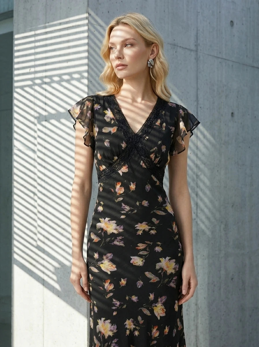 Woman standing outdoors wearing a black floral print midi dress with V-neck and flutter sleeves.