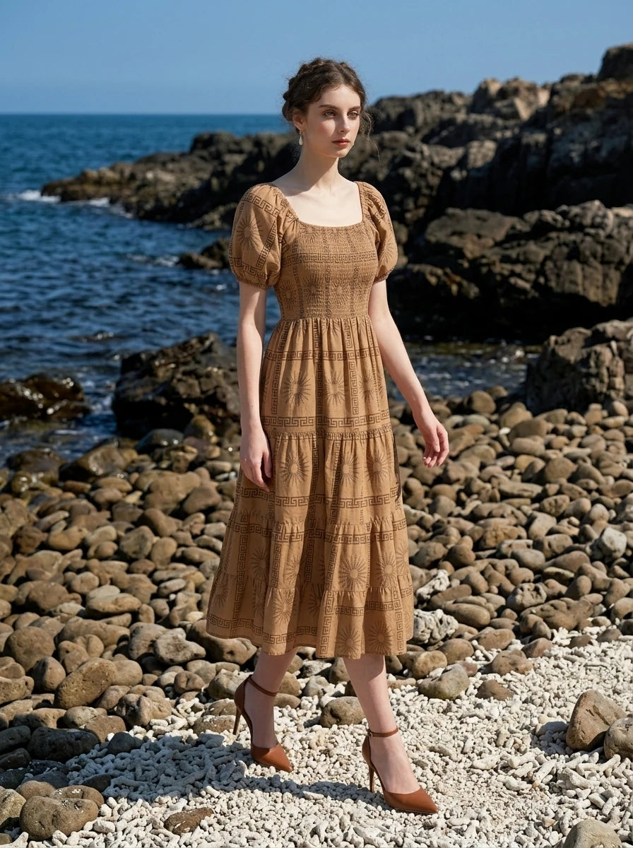 Woman walking on a rocky beach wearing a tan midi dress with a smocked bodice, puff sleeves, and a tiered skirt with a sun and Greek key print.