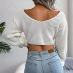 Olive Moss Twist-Front Crop Knit Sweater - View 10 | WEUXS