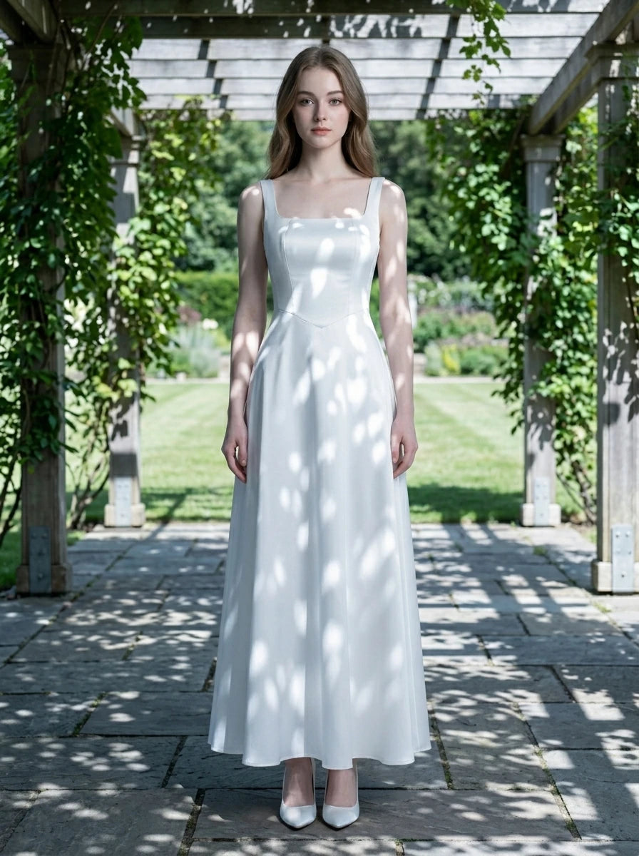 Woman wearing a white satin floor-length dress with a square neckline and tank straps, standing in an outdoor garden pergola.