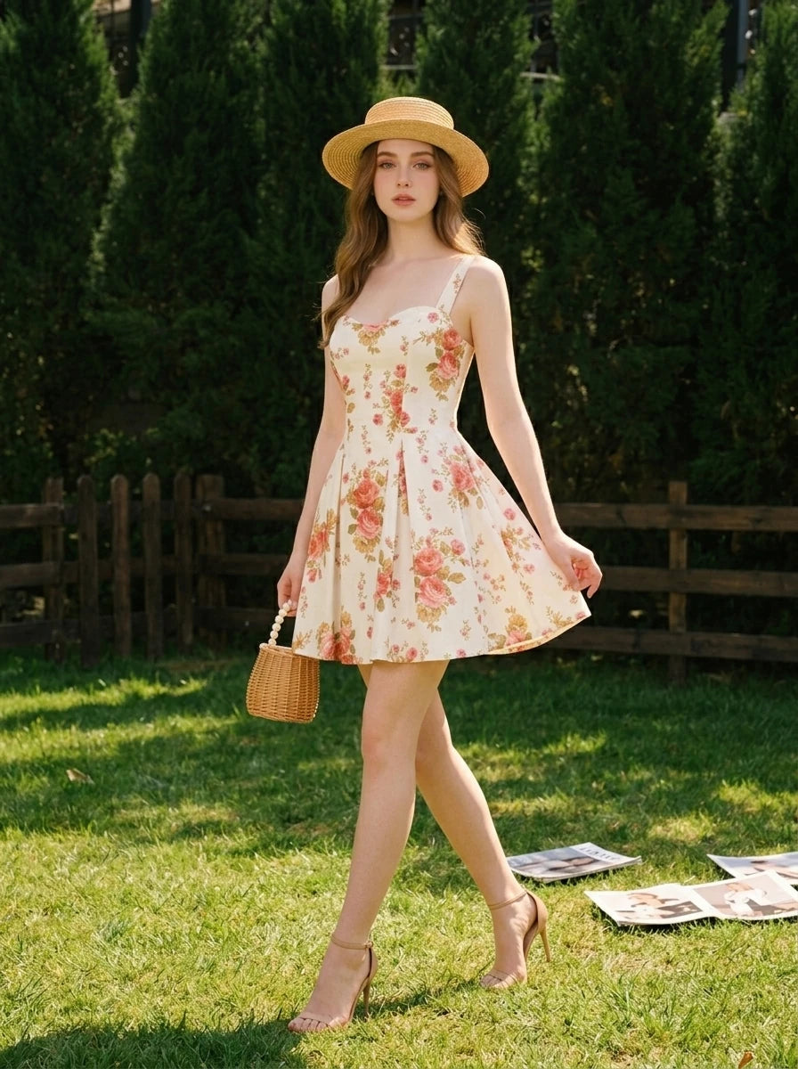 Woman wearing a white floral print A-line dress with a sweetheart neckline and adjustable shoulder straps, holding a straw hat and a basket bag, walking in a garden.