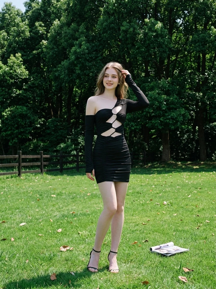 Woman in a black cut-out mini dress posing in a grassy outdoor setting.