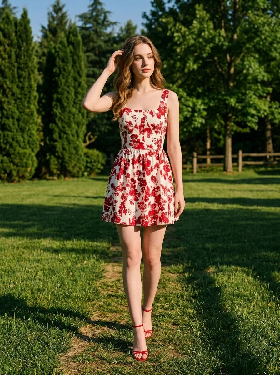 Woman wearing a red and white floral print sleeveless fit and flare dress with a square neckline, walking in a park.