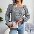 Gray cable knit pullover sweater with square neckline - View 6 | WEUXS