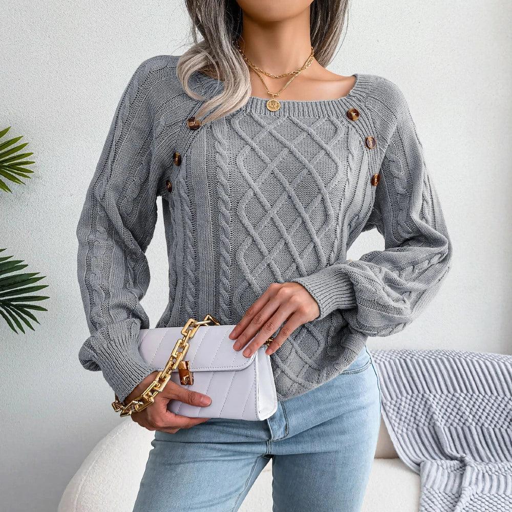 Gray cable knit pullover sweater with square neckline - View 6 | WEUXS