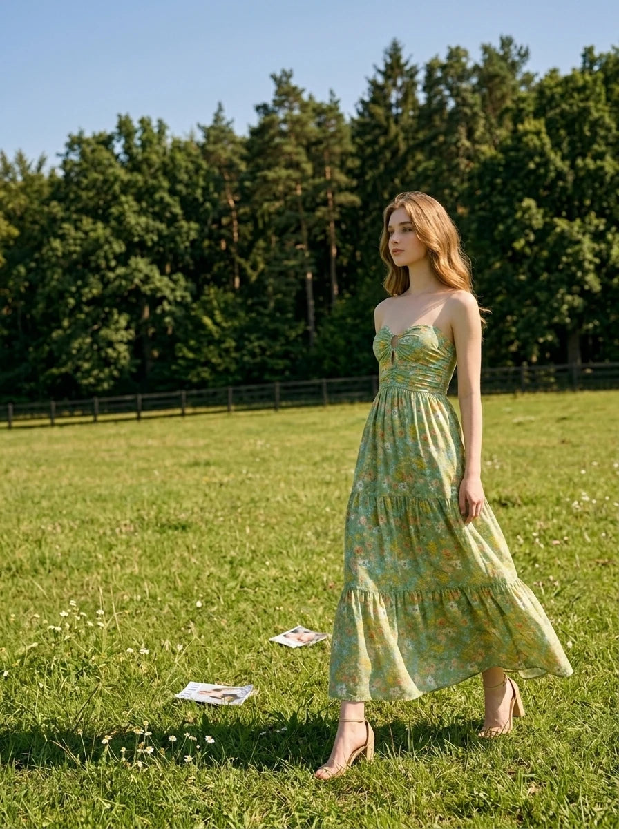 Floral Strapless Maxi Dress with Tiered Skirt