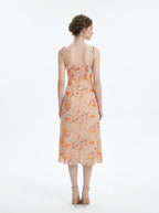 Back view of a woman in a peach floral print midi dress with smocked back