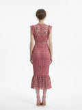 Model wearing Dusty Rose Lace Midi Dress from the back