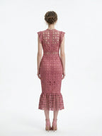 Model wearing Dusty Rose Lace Midi Dress from the back