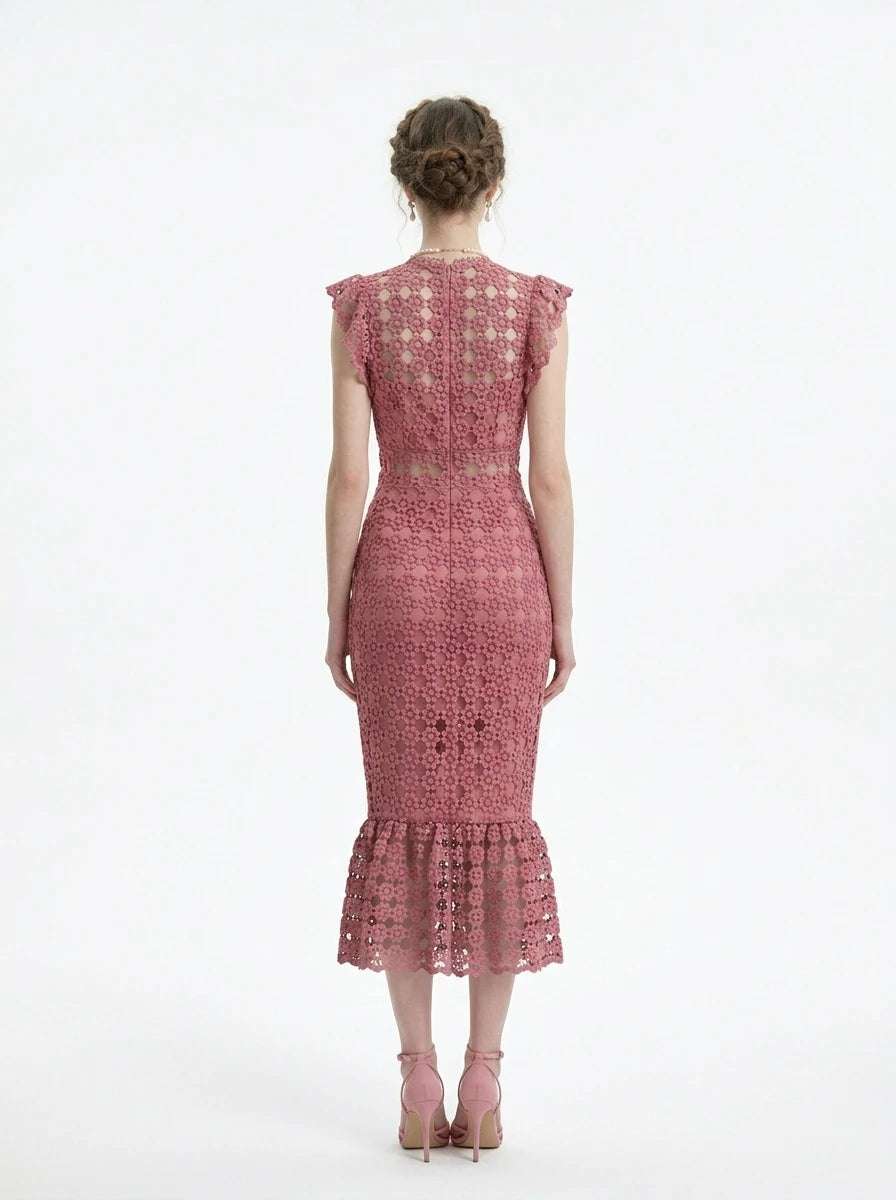 Model wearing Dusty Rose Lace Midi Dress from the back