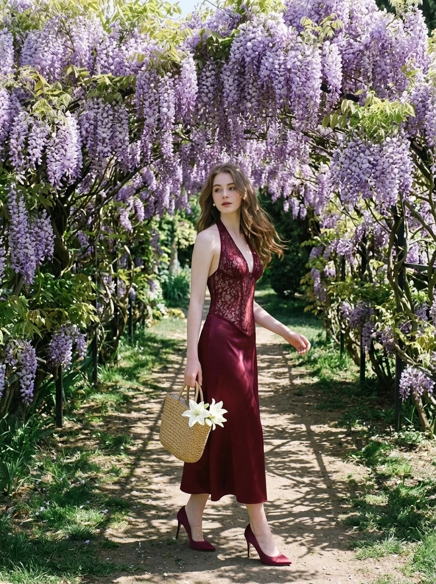 Woman in a burgundy lace and satin halter neck dress walking through a garden with wisteria