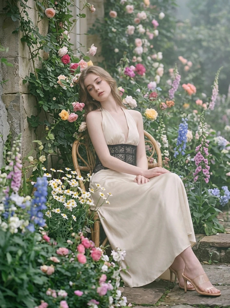 Woman in a cream satin maxi dress with black lace detailing at the waist and a halter neckline, sitting on a chair surrounded by flowers.
