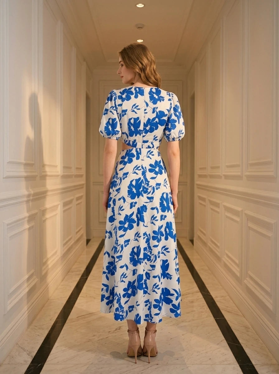 Back view of a woman wearing a white and blue floral print midi dress with puff sleeves and a cut-out waist, standing in a hallway.