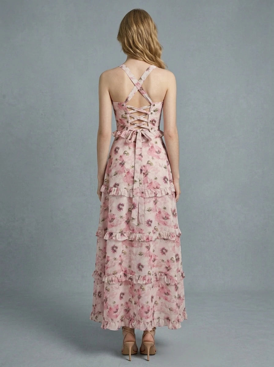 Ruffle Lace-Up Maxi Dress