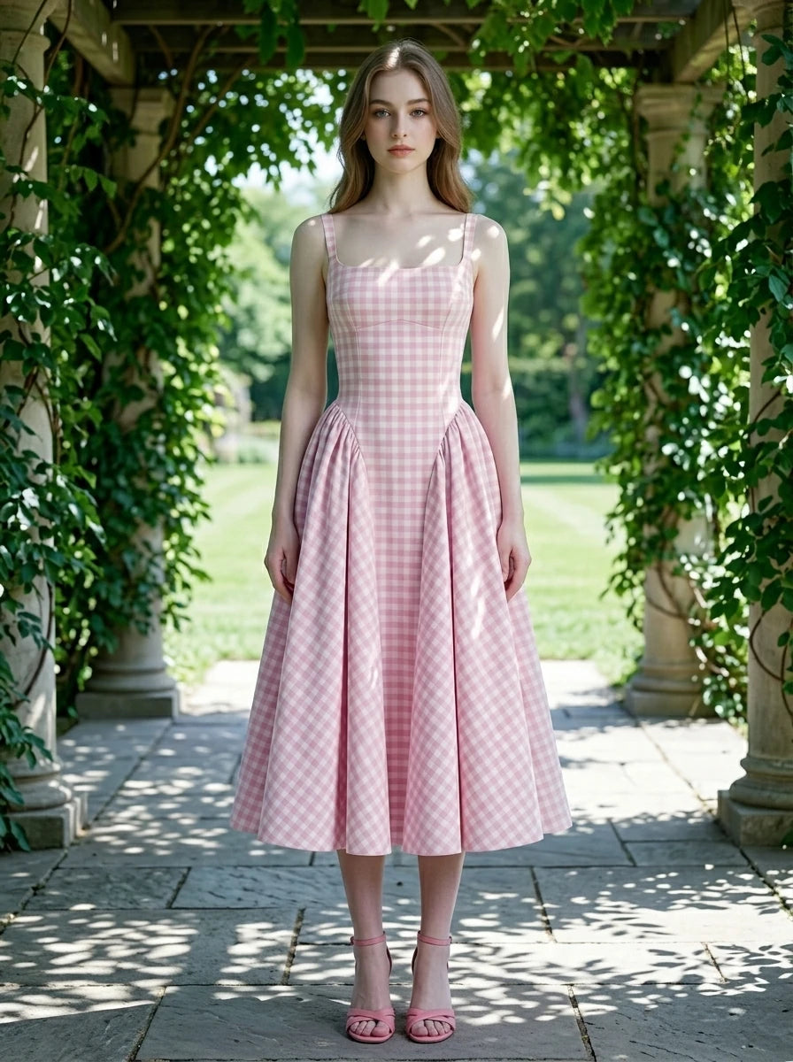 woman in a pink gingham dress standing in a garden archway