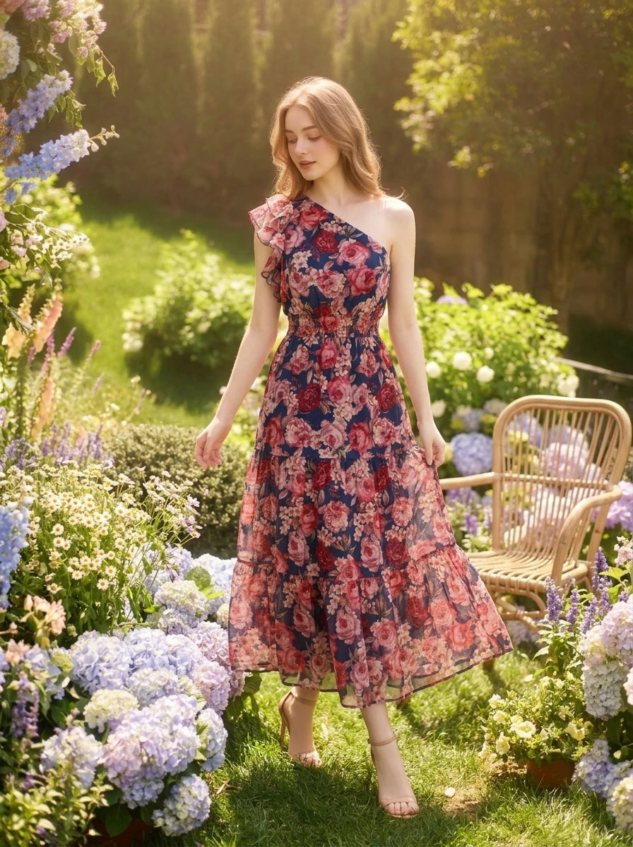 Woman in a navy floral print one-shoulder midi dress with a tiered skirt standing in a garden with hydrangeas.