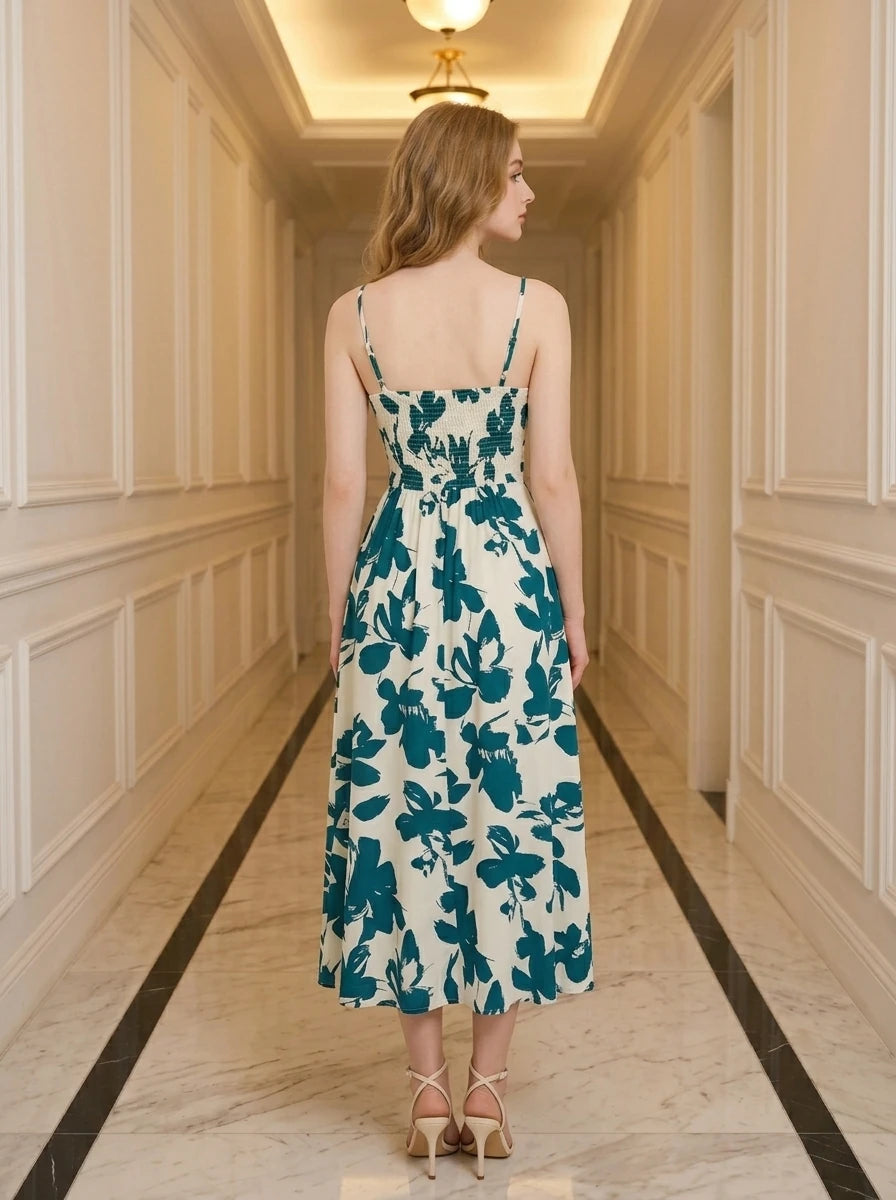 Woman wearing a cream and teal floral print midi dress with spaghetti straps and a tie-front bodice, standing in a hallway.