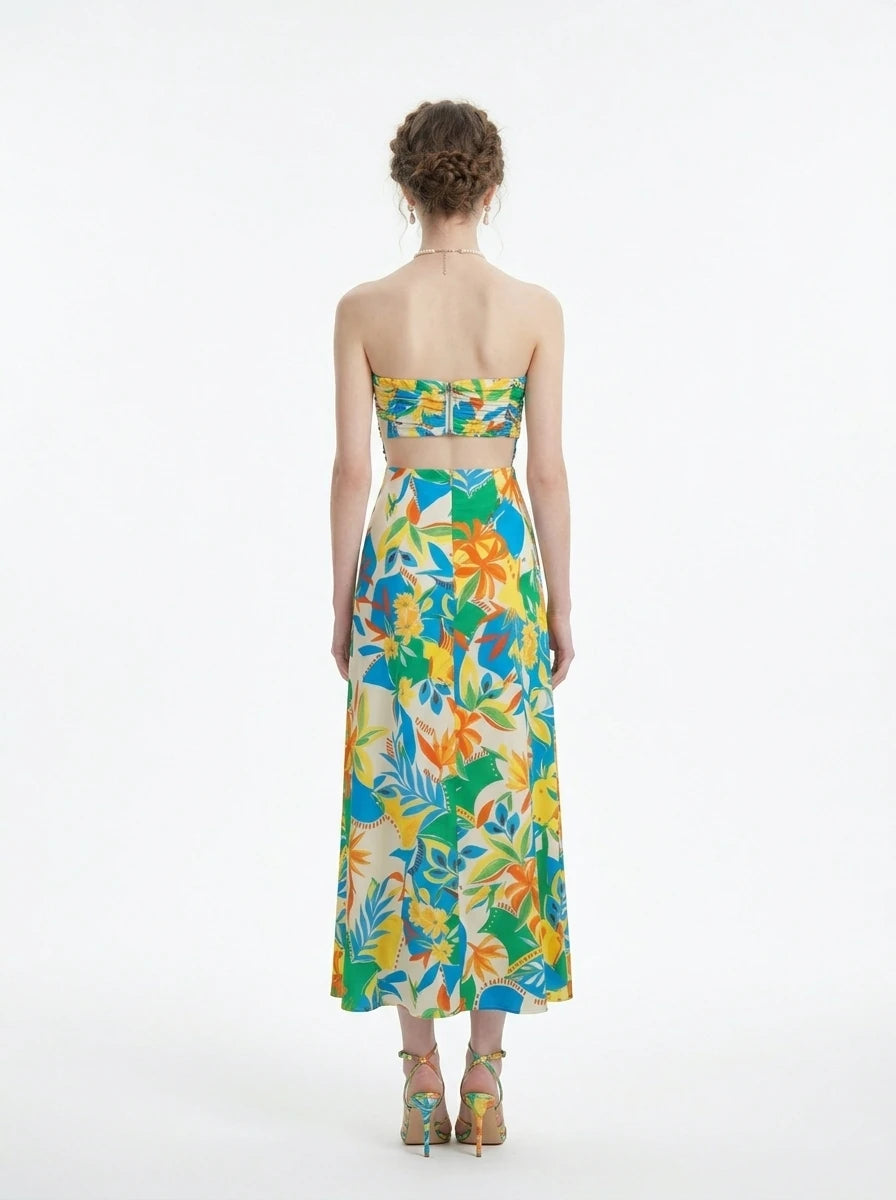 Back view of a strapless floral print midi dress