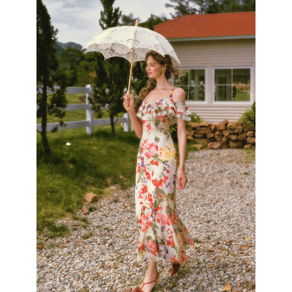 French style floral print midi dress with ruffle edge - View 9 | WEUXS