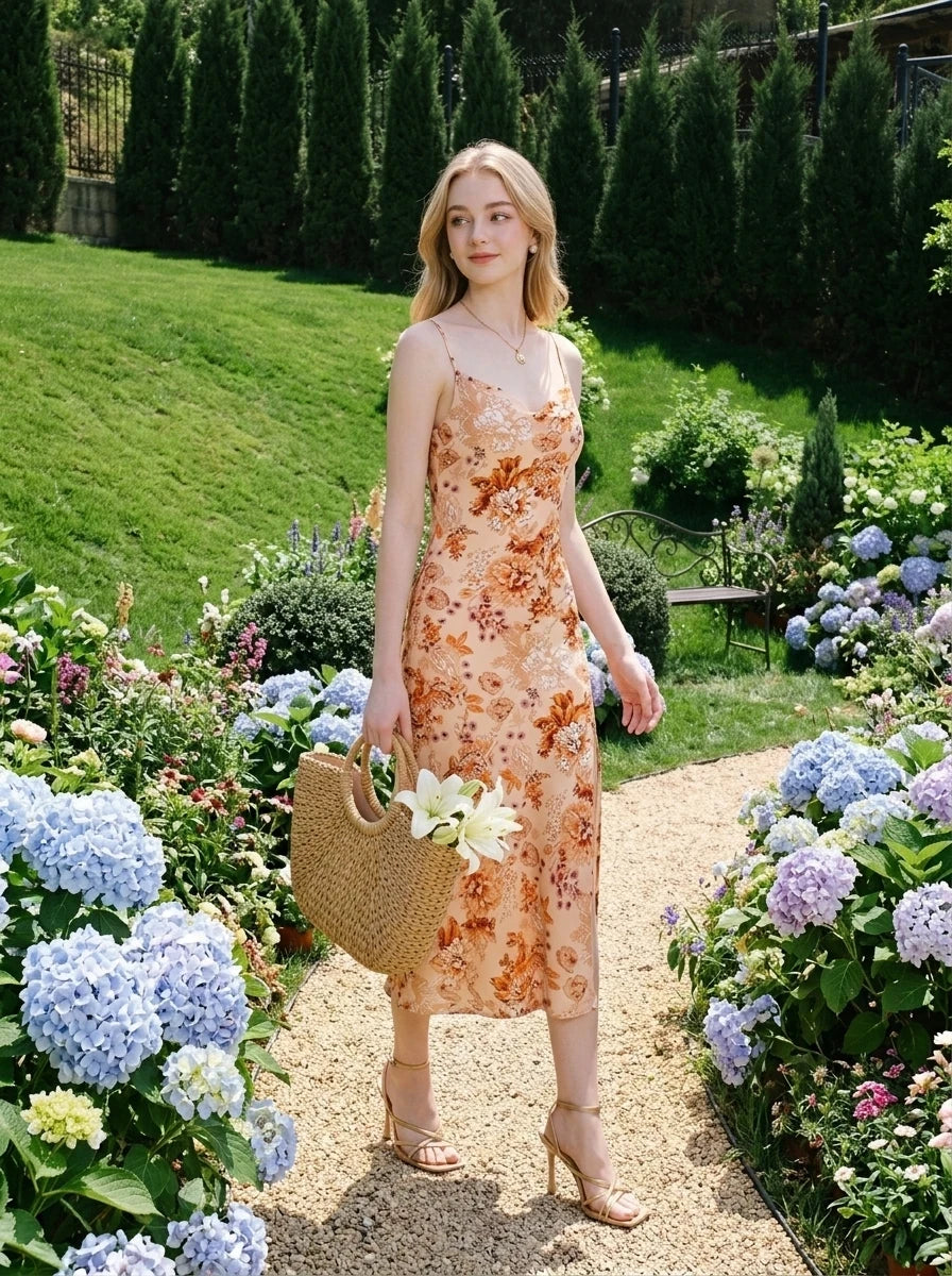 Woman in a floral print slip dress walking on grass in a park.