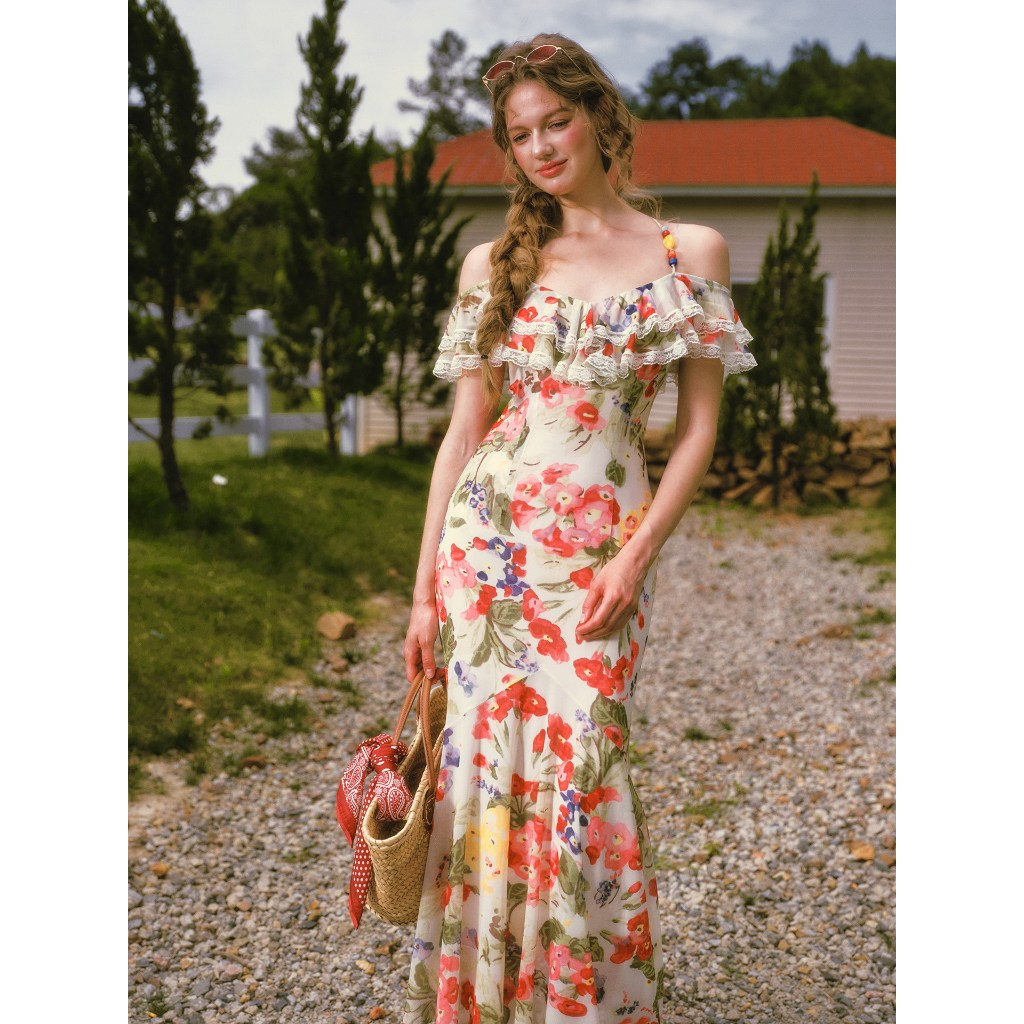 French style floral print midi dress with ruffle edge - View 1 | WEUXS