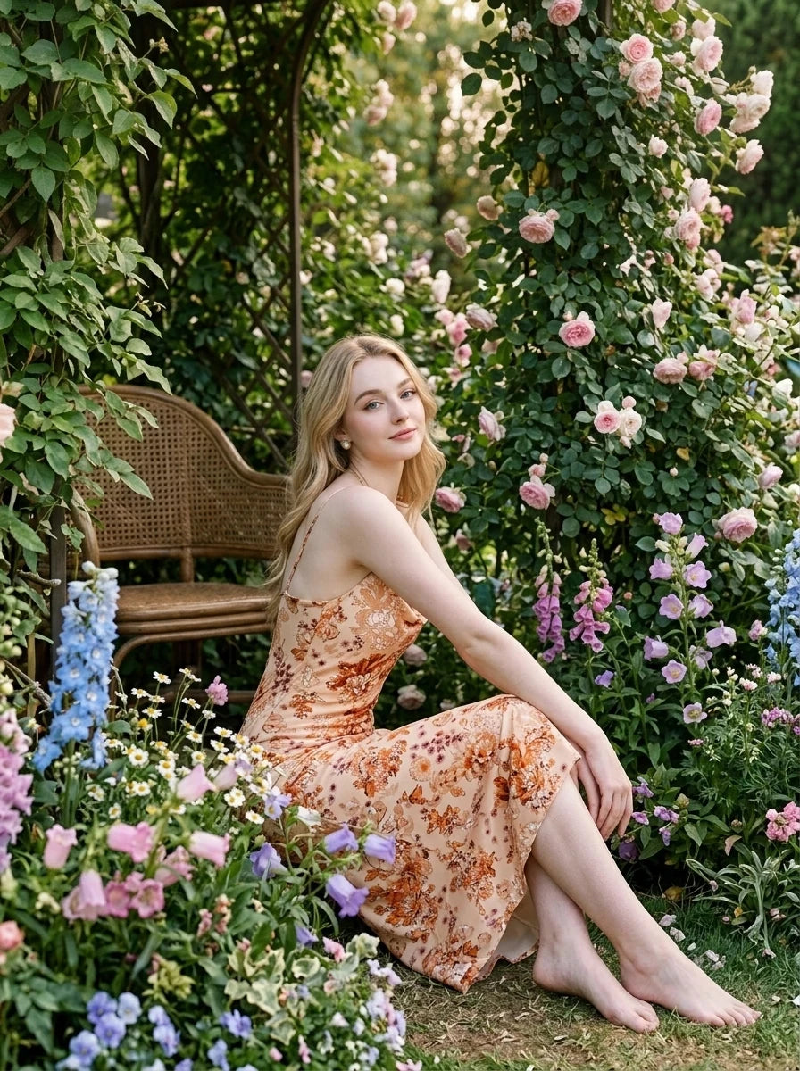 Woman in a floral print slip dress posing in a garden with roses and hydrangeas.