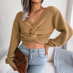 Olive Moss Twist-Front Crop Knit Sweater - View 13 | WEUXS
