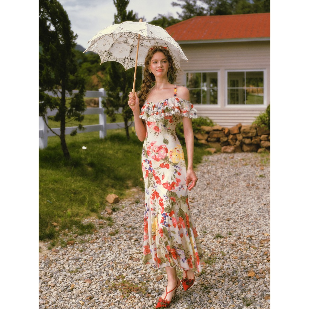 French style floral print midi dress with ruffle edge - View 2 | WEUXS