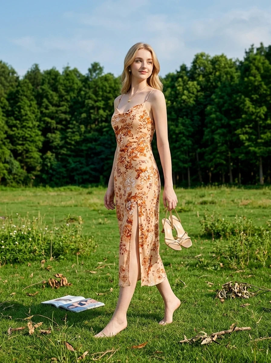 Woman in a floral print slip dress walking through a garden with hydrangeas.