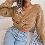 Olive Moss Twist-Front Crop Knit Sweater - View 14 | WEUXS