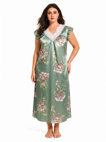 Women's Floral Print V-Neck Midi Nightgown