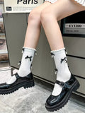 Grey knee-high socks with black satin bows and white pearl embellishments - View 15 | WEUXS
