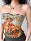 Close-up of the graphic print on a strapless tube top featuring a cowboy illustration.