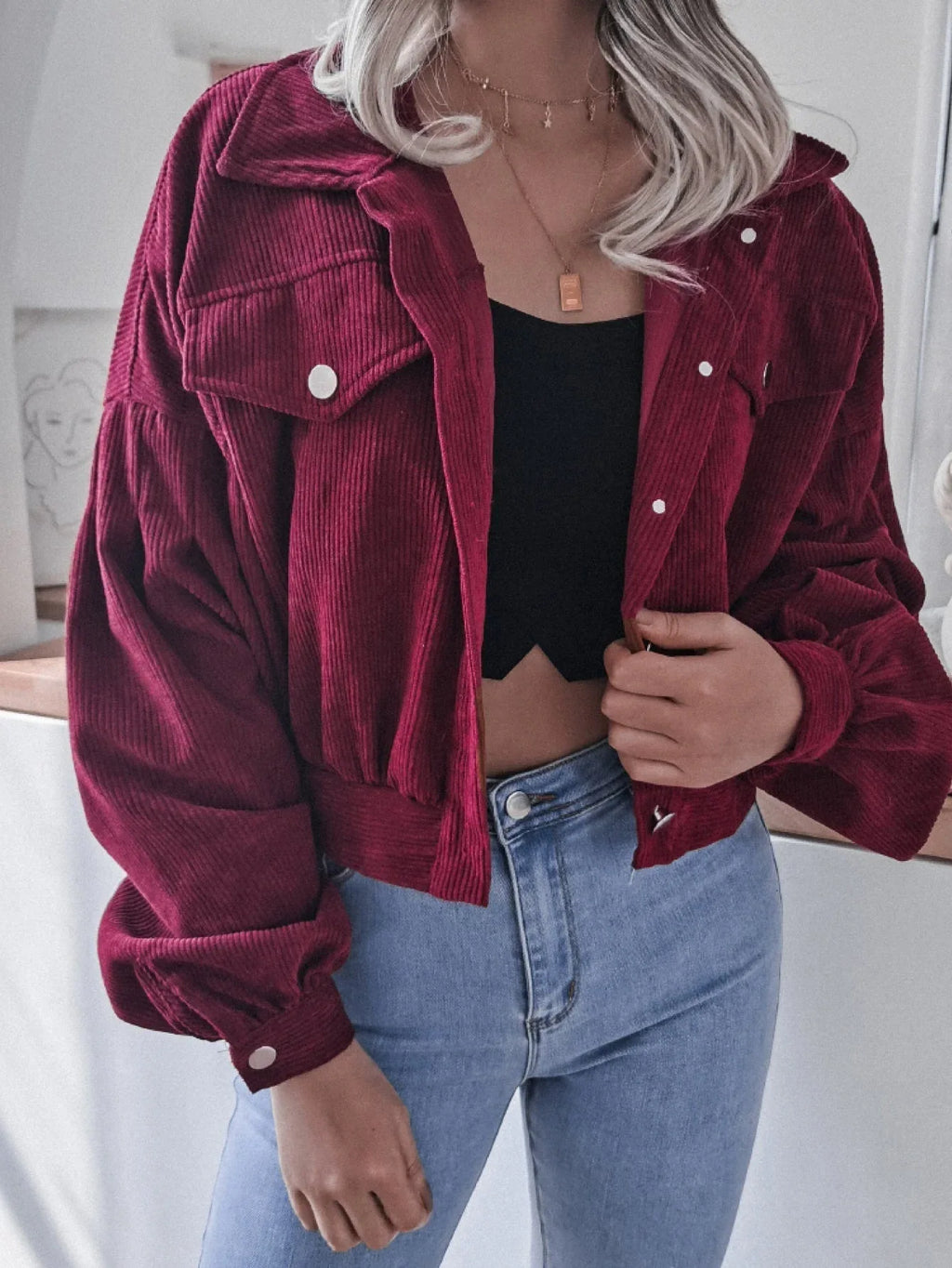 Cropped corduroy jacket with lantern sleeves - View 8 | WEUXS