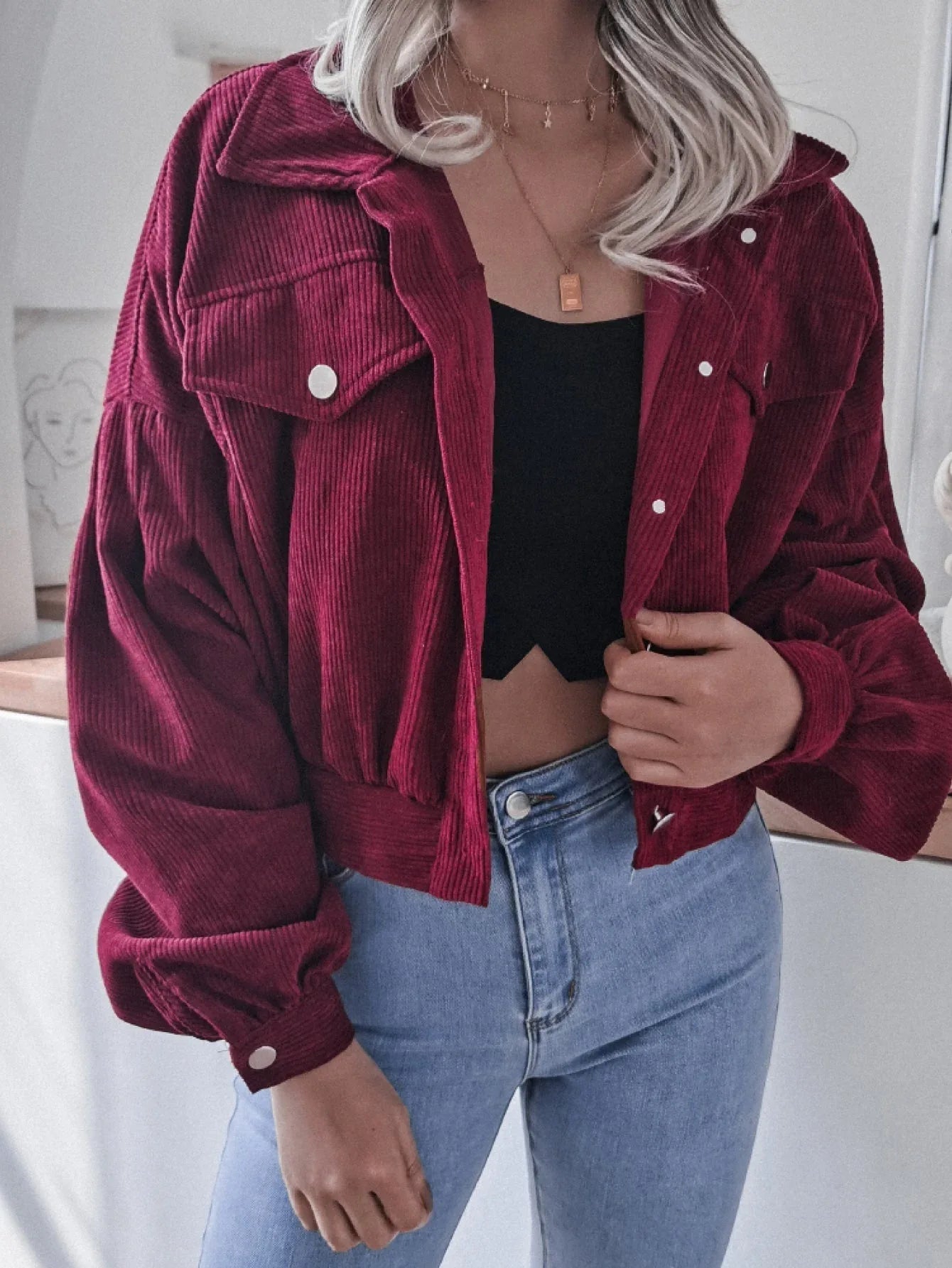 Cropped corduroy jacket with lantern sleeves - View 8 | WEUXS